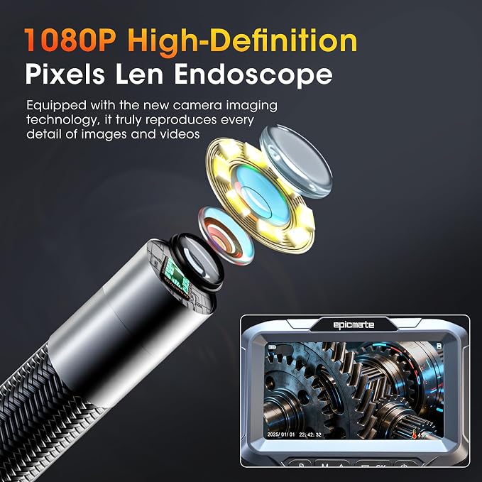 Two-Way Articulating Borescope, 1080P HD Endoscope Camera with 5" IPS Screen, IP67 Waterproof 0.23in Slim Probe Inspection Camera with Adjustable Light, for Automotive Pipe Sewer 32GB SD Card