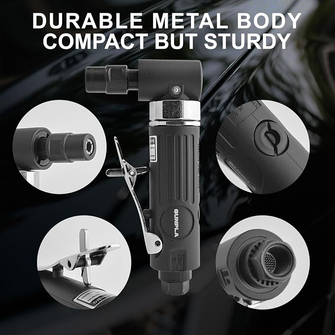 Gunpla 1/4 inch Angle Air Die Grinder, 90 Degree Heavy Duty 20,000 RPM with 26 pcs 2-inch Sanding Discs for Grinding, Deburring, Engraving, Polishing, Engraving and Rust Removal