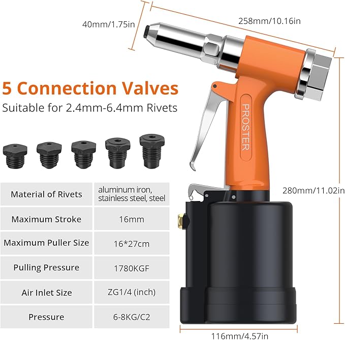 Proster Pneumatic Riveter - 5 Nozzles Pneumatic Rivet Gun, 3924LBF Pulling Heavy-Duty Air Pop Riveter 3/32", 1/8", 5/32", 3/16" and 1/4" Capacity