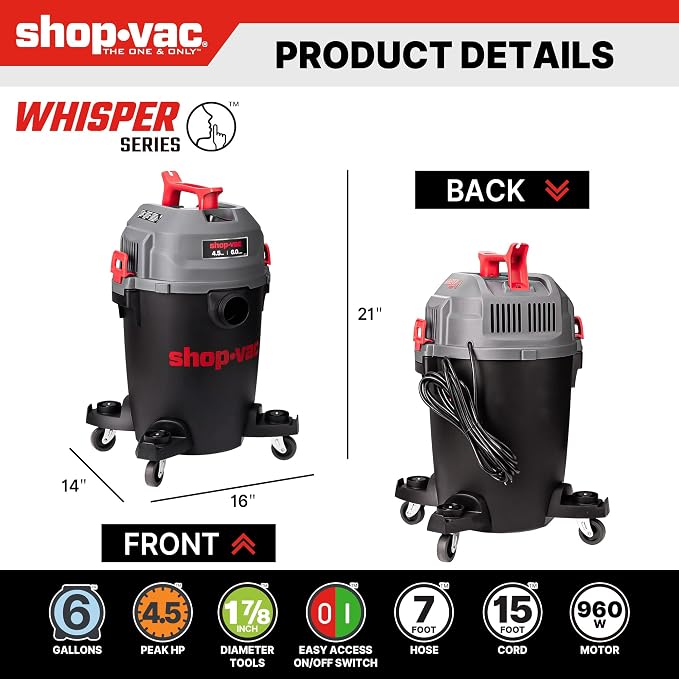 Shop-Vac 6 Gallon Ultra Quiet Shop Vacuum Wet and Dry, 4.5 PHP Powerful Suction Wet/Dry Vacuum with Attachments, 1-7/8 in. x 7 Ft Hose, 15 Ft Cord, Ideal for Jobsite, Garage, Workshop & Home, 5430541