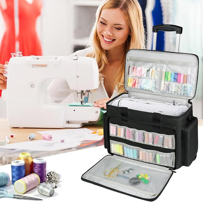 LEFOR·Z Rolling Sewing Machine Case with Wheels,Sewing Machine Carrying Bag,Trolley Tote Bag Fits for Most Standard Singer,Brother,Janome Sewing Machine and Accessories,Black
