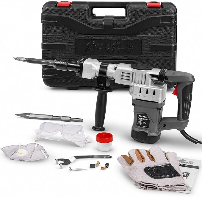 XtremepowerUS 1400W Electric Demolition Jack Hammer, 3900 BPM Heavy Duty Concrete Breaker with Point & Flat Chisel Bits, Adjustable Handle, Carrying Case for Concrete, Brick, Asphalt & Masonry