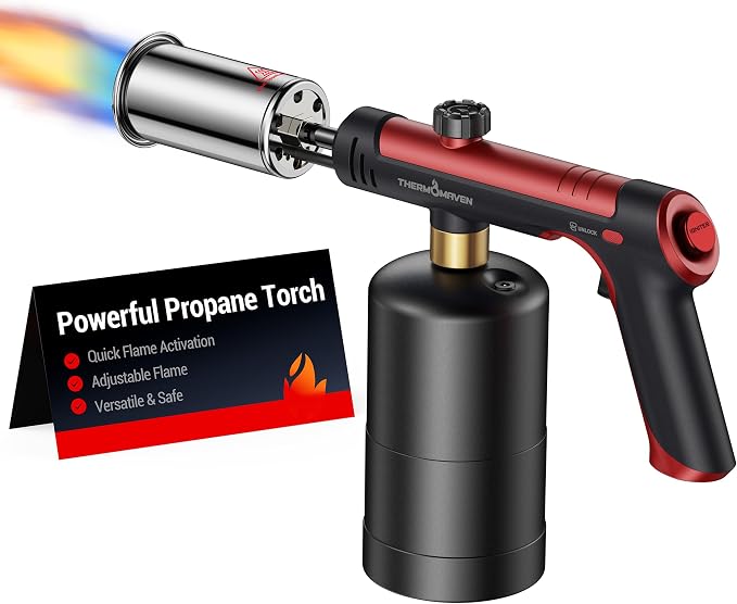 ThermoMaven Propane Torch with One-Touch Max Fire, Cooking Blow Torch Gun with Safety Lock, Charcoal Lighter, Flame Thrower, Gas Welding Kit Kitchen Food Torch Head for Grill, Sous Vide, BBQ, Red
