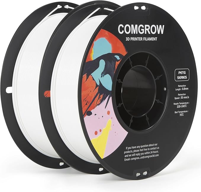 Comgrow PETG 3D Printer Filament 1.75mm, High Precision and Tough 3D Printer Filament 2kg (4.4LBS), Dimensional Accuracy +/- 0.02 mm, Fit Most 3D Printers White+ White