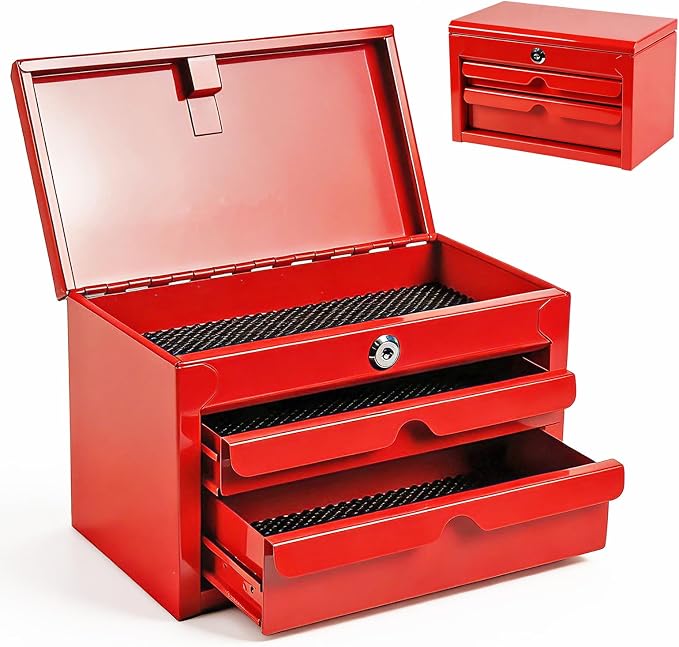 BIG RED Mini Steel Tool Box with Drawer, Small Metal Tool Box Organizer | Lockable Top Storage, Multi-Purpose Portable Tool Box Organize for Desk, Home, Garage, desk or Workbench, Red