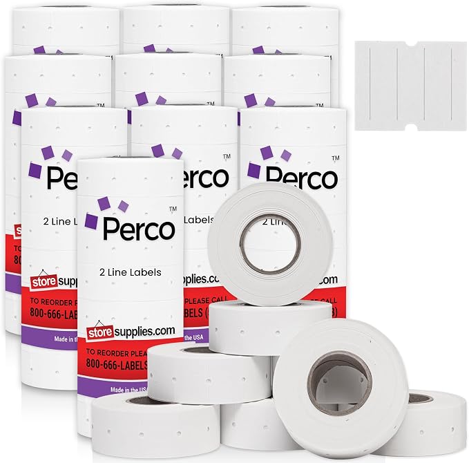 Perco 2 Line White Labels - 60,000 Blank Price and Date Gun Labels for Perco 2 Line Price and Date Guns - 80 Rolls, 10 Sleeves - Made in USA