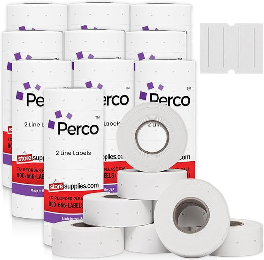 Perco 2 Line White Labels - 60,000 Blank Price and Date Gun Labels for Perco 2 Line Price and Date Guns - 80 Rolls, 10 Sleeves - Made in USA