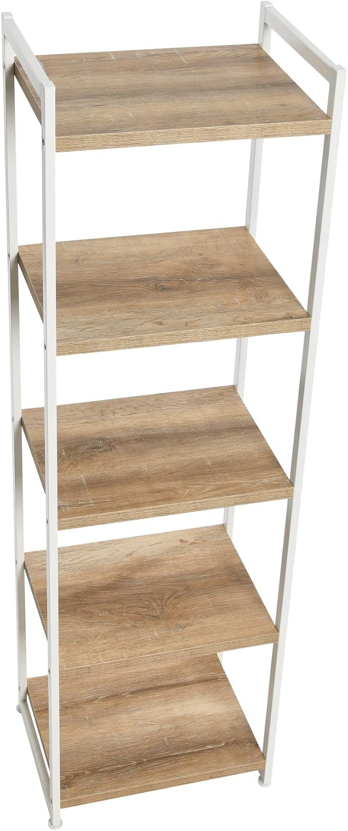 Household Essentials Narrow 5‑Shelf Open Storage Bookshelf, Coastal Oak Wood Grain with White Metal Frame