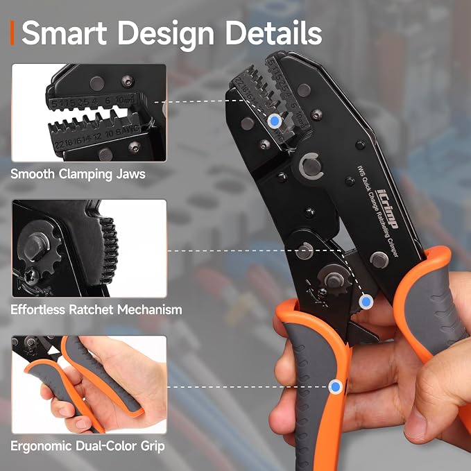 iCrimp Ratcheting Crimping Tool Set 8 PCS - Quick Exchange Jaw for Heat Shrink, Open Barrel, Insulated and Non-Insulated Ferrules AWG 20-2