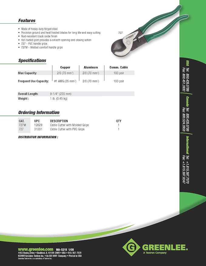 Greenlee 727M Cable Cutter With Cushion Grip Handles, 9-1/4"