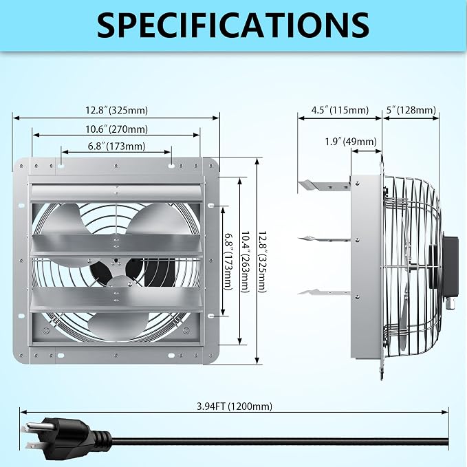 10 Inch Shutter Exhaust Fan, Aluminum Wall Mounted Exhaust Fan, 844 CFM High Speed Automatic Shutter Attic Fan, Vent Fan For Greenhouse,Shed,Shop,Garage