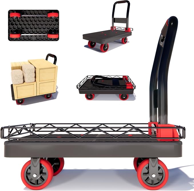 2IN1 Heavy Duty Platform Trucks Flatbed Carts, Push Cart Dolly 1760lbs Capacity Hand Trucks w/Detachable Solid Steel Wire Fence, 36×24 Collapsible Cage Cart Dolly, 5-Inch Silent TPR Wheels