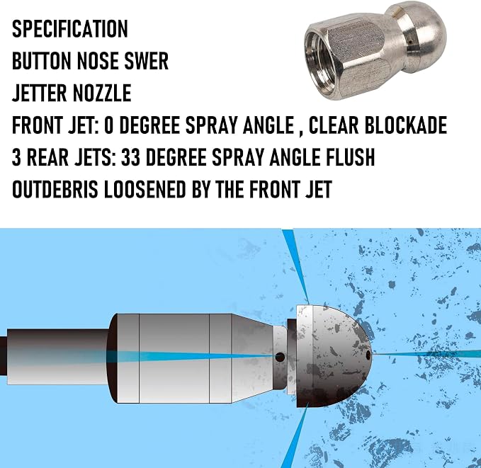 Hourleey Sewer Jetter Kit for Pressure Washer 100FT, Drain Cleaner Hose 1/4 Inch NPT, Orifice 4.0 Button Nose and Rotating Sewer Jetting Nozzle Spanner Tape Pearl Corsage Pin, 4000 PSI