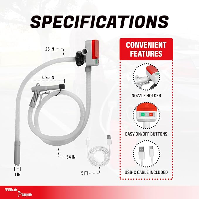 TERA PUMP Dual Power Auto Stop Liquid Transfer Pump | 3.2 GPM, AA Battery or USB-C Powered, 54" Durable PE Hose, Nozzle Cap, For Gasoline & Diesel