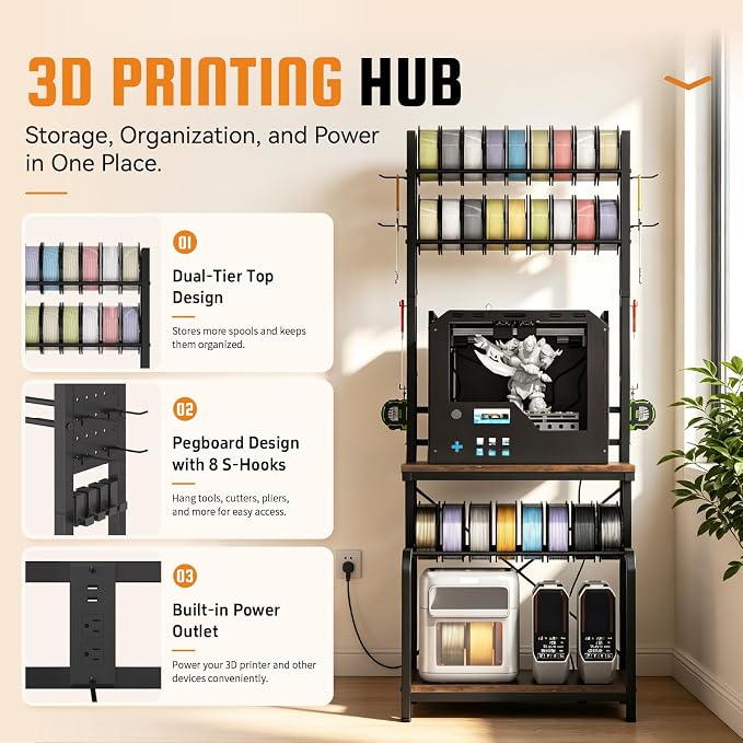 3D Printer Stand with Filament Storage,3D Printer Table with Power Outlets,Sturdy Double-Layer 3D Printer Workstation,for Workshop,Studio,Home Office and 3D Printing Enthusiasts,Retro Brown