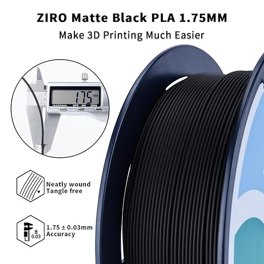 ZIRO Matte PLA Filament 1.75mm, Pure Color No-Shine 3D Printer Filament, High Toughness 3D Printing Material, Black(Matte)