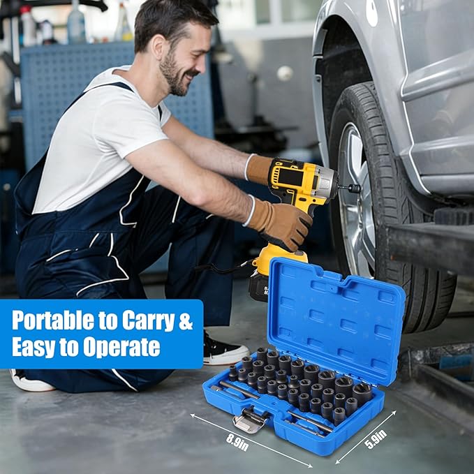 DISEN 33 PCS Bolt Extractor Kit Set, 1/4" & 3/8" Bolt and Nut Remover Set CR-MO Steel Extraction Socket Set with Storage Case Drive Lug Nut Removal Tool for Rusted, Damaged, Round Bolt Nuts Screws