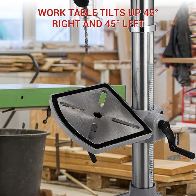 13 in Floor Drill Press, 7.5 Amp 120V, 288-3084 RPM Variable Speed Cast Iron Bench Drill Press, 0-45° Tilting Worktable, Tabletop Drilling Machine for Wood Metal