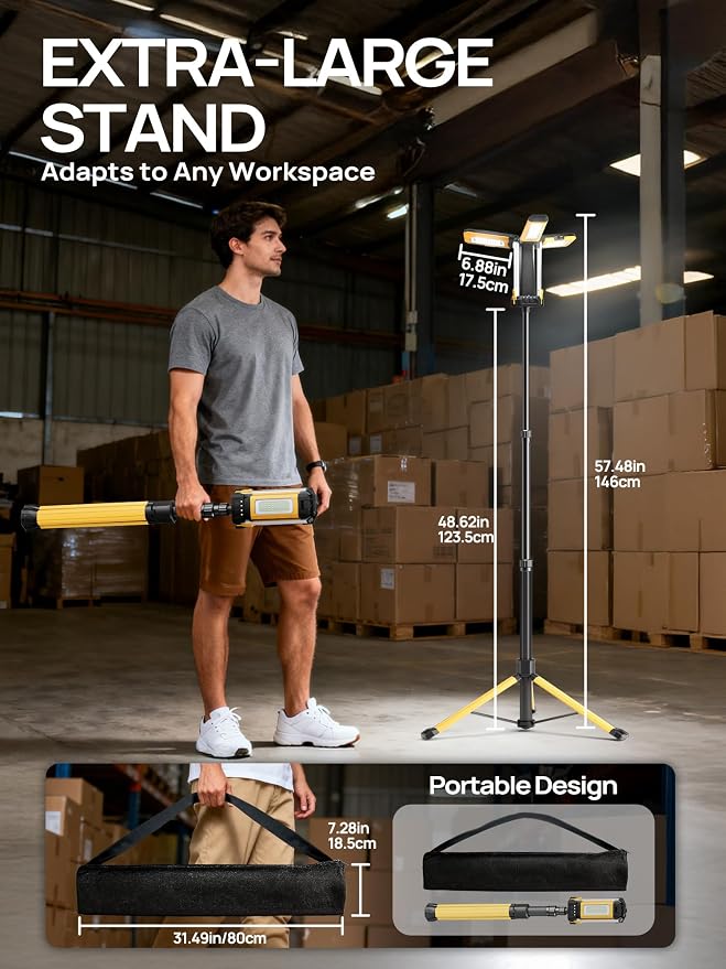 Rechargeable Work Light with Stand, 3 Detachable Panels (Large) | 10000mAh battery, Independent light panels, Telescopic tripod, Built-in feet, Storage bag, Yellow portable work light