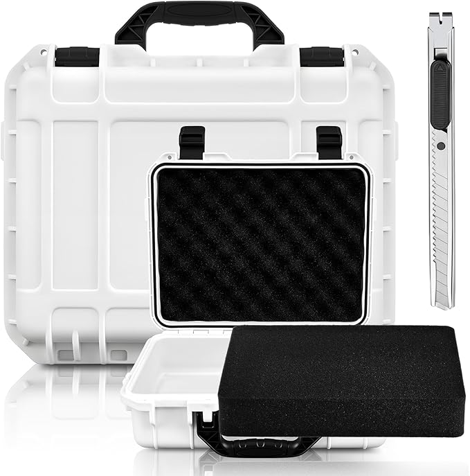 Relaxweex 1 Pcs Waterproof Hard Case with DIY Customizable Foam Insert Portable Protective Case with Knife for Camera Drones Equipments Tools Test Instruments(White,11.3 x 8.7 x 4.2 Inch)