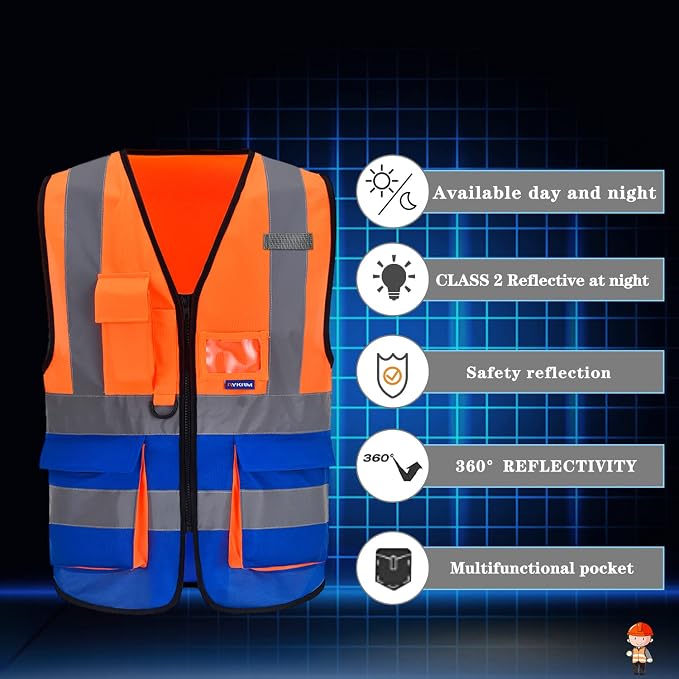 A-SAFETY Reflective Safety Vest, Reinforced Points, Zipper, Orange/Blue, L | Orange/Blue L Polyester work vest with reinforced zipper pockets, clear PVC ID holder and mic tabs for utility maintenance.