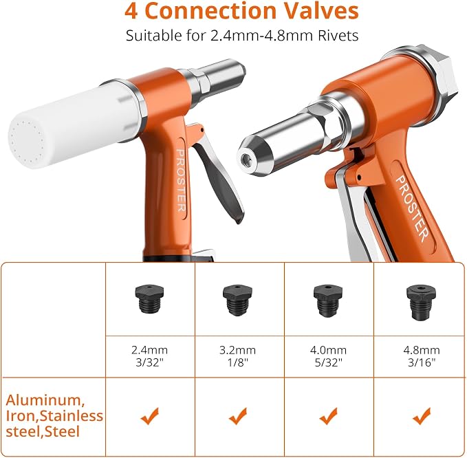 Proster Pneumatic Tool Air Riveter - 4 Nozzles Pneumatic Rivet Gun, 6-8KG/C2 Heavy-Duty Air Pop Riveter for 3/32", 1/8", 5/32", 3/16" Capacity 3104LBF