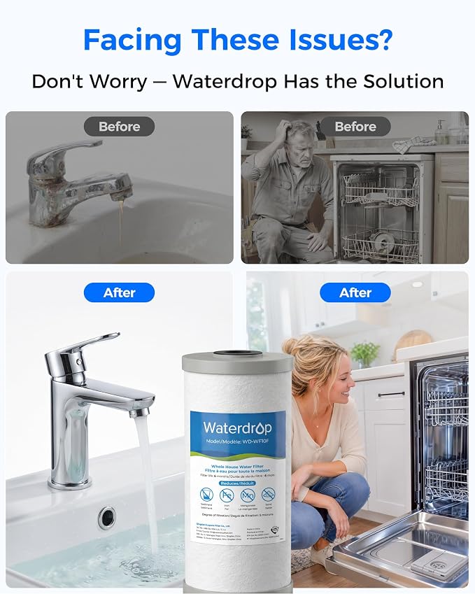 Waterdrop WF10F Whole House Water Filter, Compatible with WHF21-FG, Any 10" x 4.5" System, Reduces Iron and Manganese, 5 Micron, 2 Pack