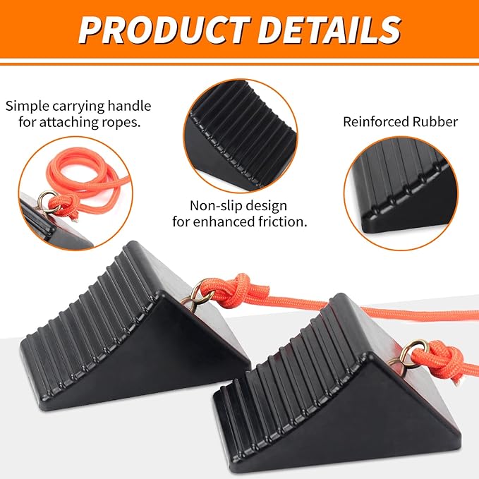 OULEME Heavy Duty Rubber Wheel Chocks with Eyebolt, Solid Wheel Stoppers for Camper, Travel Trailer, RVs, Truck, and ATV, Anti-Slip and Anti-Oil Design, 8"x5"x4"(4-Pack)