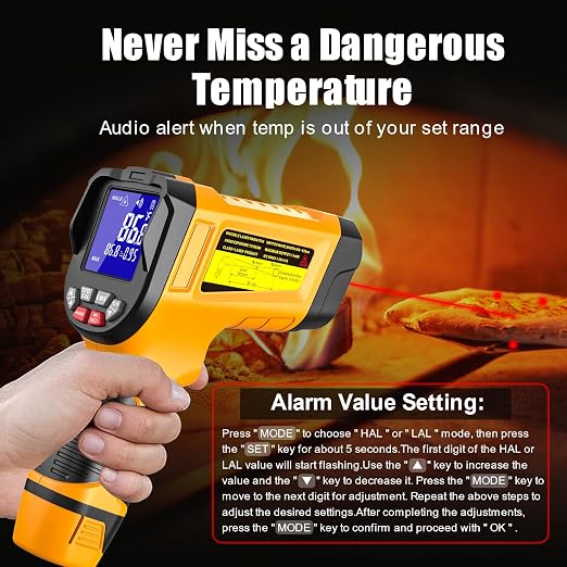 NJTY Infrared Thermometer Gun, -58℉ to 3992℉, High Temp Laser Thermometer with Adjustable Emissivity, Non-Contact Digital IR Pyrometer for Furnace, Kiln, Metal, Industrial Use