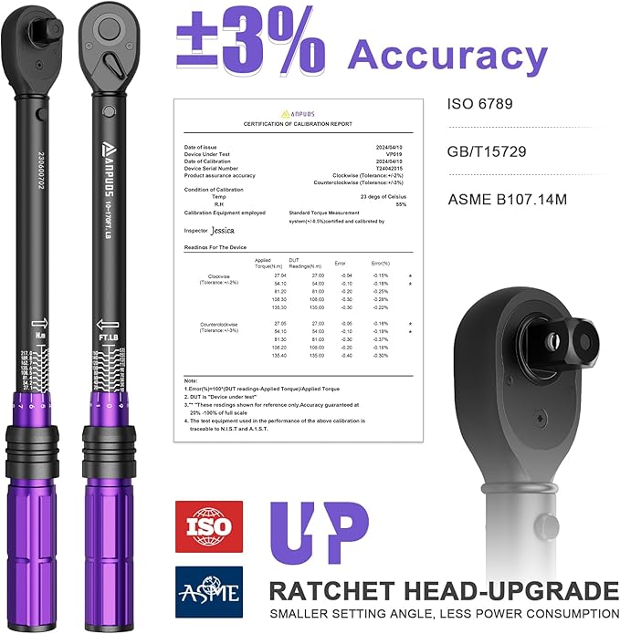 ANPUDS 1/2 Inch Drive Click Torque Wrench,10-170 Ft-Lb/13.6-230.5 Nm | Dual-direction Adjustable Torque Wrench with Dual Range Scales, 72 Tooth, ±3% High Precision for Moto, Car Maintenance