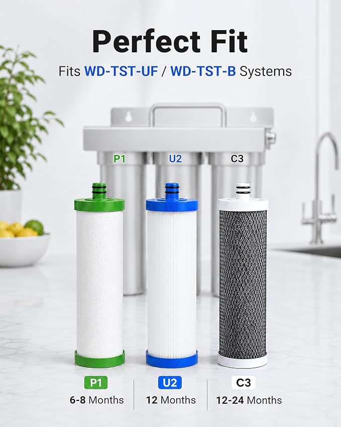 LCF Replacement Water Filter Pack, 1-Year Replacement Set, 4 Filters (2 x PP, 1 x ALK, 1 x UF), Compatible with Waterdrop TST-UF & TST-B 3-Stage Under Sink Systems, Replaces WD-P1, WD-C3 & WD-U2