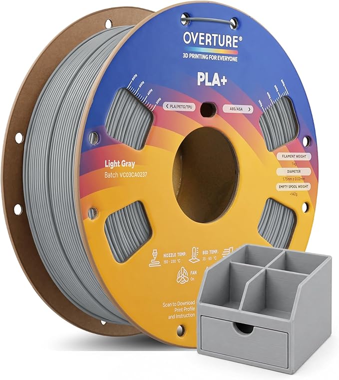 OVERTURE High Speed PLA+ 3D Printer Filament 1.75mm, Upgraded Rapid PLA 2.0 with Enhanced Toughness & Stability, 1kg Spool (2.2lbs) Fit Most FDM 3D Printers (Light Gray)