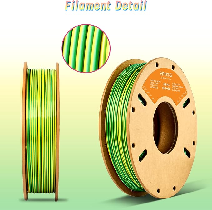 ERYONE PLA Filament 3D Printer Filament Multicolor 1.75mm +/- 0.03mm, PLA Filament 250g Spool, Silk Dual Color Yellow Green