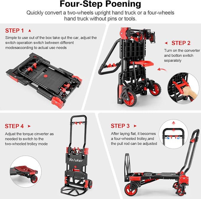 2-in-1Hand Trucks Dolly 330LB Foldable with Folding Basket, Folding Hand Trucks Heavy Duty Carrying, Combination of 4 Wheels and 2 Wheels Convertible Cart with Retractable Handle Dolly for Moving