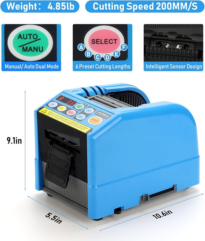 Upgraded Ceramic Roller Automatic Tape Dispenser, Dual Ribbon Cutting Machine, Adjustable 6-60mm Width 5-999mm Length, Electric Tape Cutter for Business, Shipping, Home & Daily Use