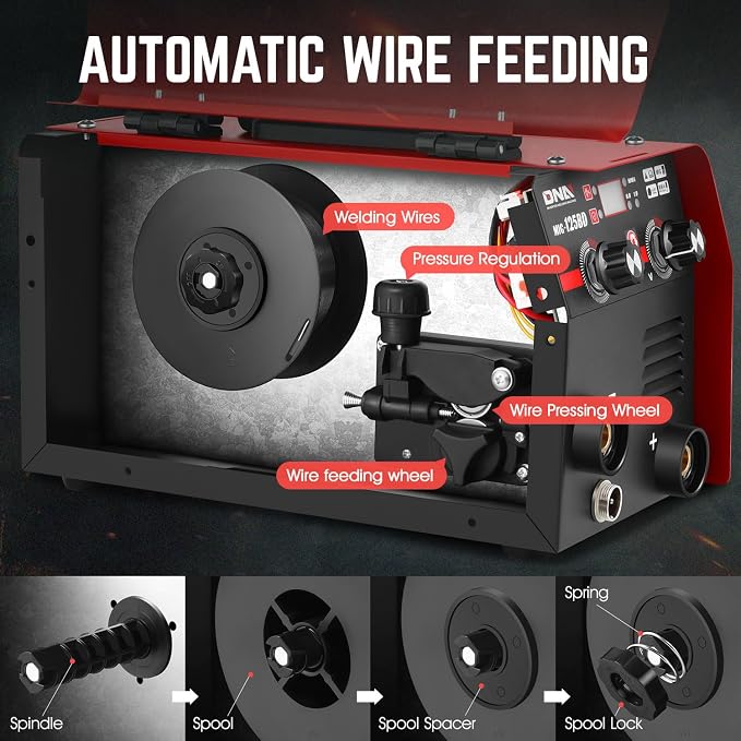 DNA Motoring 125A/110V Flux Core MIG Welder, Gasless MIG/Lift TIG/Stick Welder, 3 in 1 Portable Welding Machine, IGBT Inverter Welder for Home DIY, Garage, w/LED Digital Display, Red, TOOLS-00378