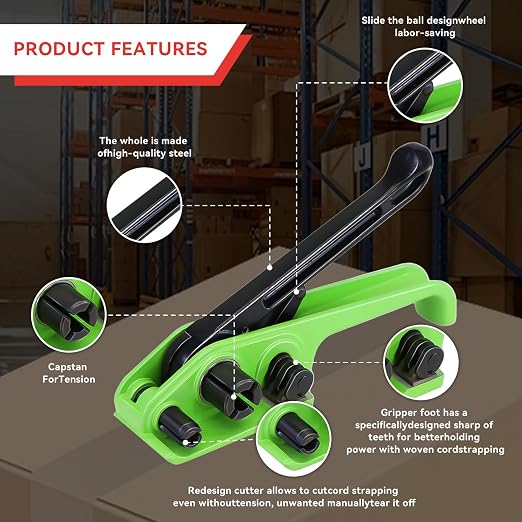 Banding Strapping Kit with 3/4" x 330 ft Woven Cord Band 50 pcs Phosphate Wire Buckles Tensioner Tool for Pallet Box Packaging