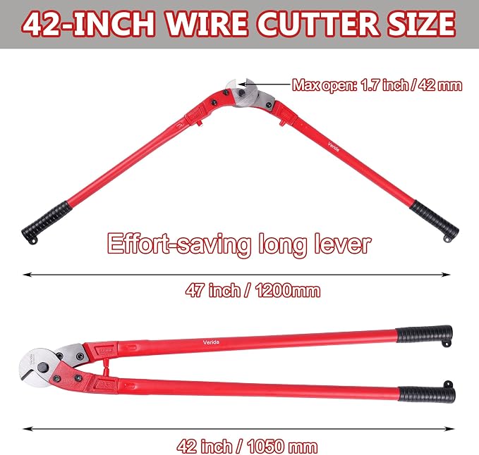 Verida Wire Cutters 42 inch, Industrial-Grade Heavy Duty Wire Rope Cutter, Chrome Vanadium Steel, Hardness 65 HRC. for Stainless Steel Wire and Hard Wire Ropes, Red