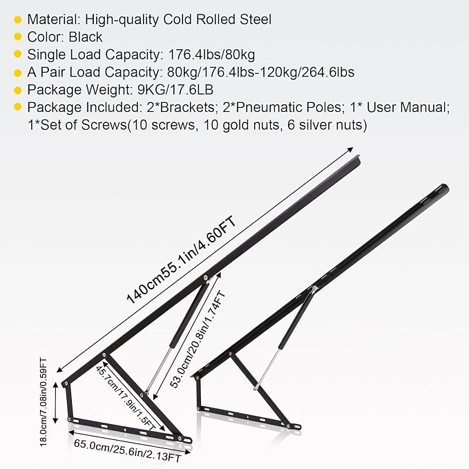 Dyna-Living 4.6FT Bed Lift Mechanism 176.4lbs-264.6lbs Load Capacity Pneumatic Gas Spring for Storage Bed Box or Sofa Bed