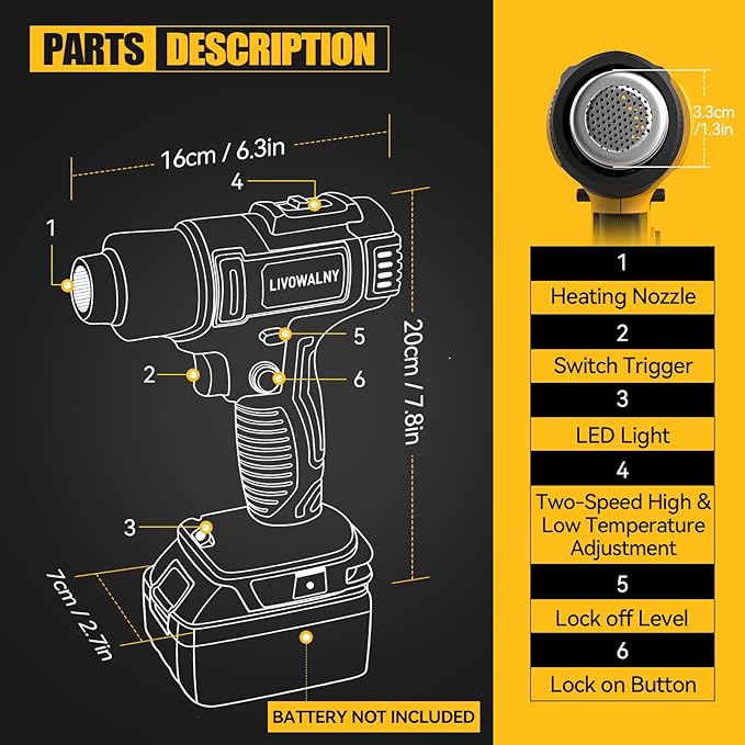 LIVOWALNY Cordless Heat Gun Compatible with Dewalt 20v Battery (Tool Only), 350W Fast Heating Soldering Hot Air Gun 122℉-1022℉ Variable Temperature Control with 5 Nozzles for DIY Craft, Shrink Tubing