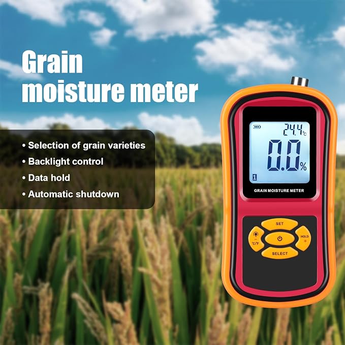 Digital Grain Moisture Meter for Wheat Corn Rice Peanut Soybean, Grain Humidity Meter, Portable LCD Display Hay Moisture Tester, Multifunctional Moisture Meter Probe Humidity Tester