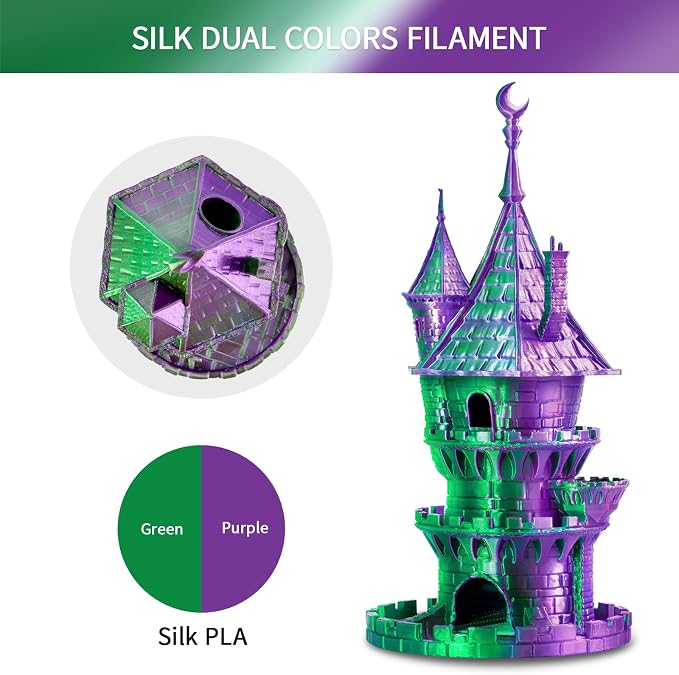 ERYONE Silk Dual Color PLA Filament 3D Printer 1.75mm +/- 0.03mm, Bicolor Filament Two Tone PLA 1KG(2.2lbs) Cardboard Spool, Purple Green