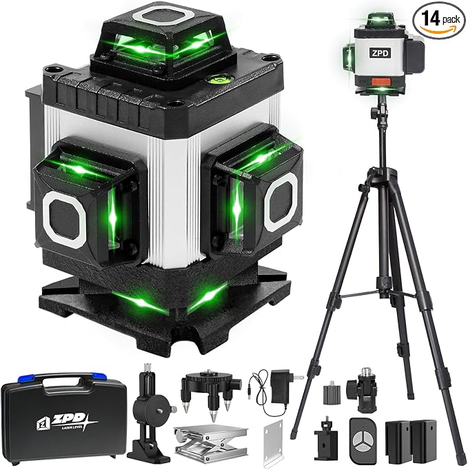 Laser Level, ZPD Laser Level with Tripod, 4 x 360 Self Leveling Laser Measuring Tool Green Lazer Level 16 Line Level Laser 360 Self Leveling for Construction, Home Renovation, Picture Hanging