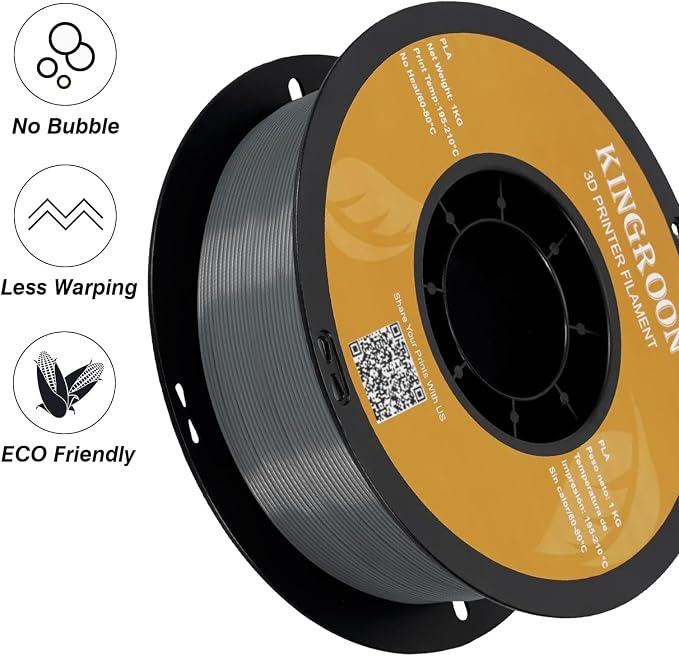 Kingroon PLA 3D Printer Filament, Dimensional Accuracy +/- 0.02 mm, 1kg Spool(2.2lbs), 1.75 mm, 2KG Grey