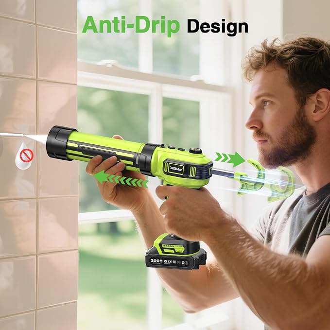 Taskstar Electric Caulking Gun 21V, Upgraded Brushless Cordless Caulking Gun with 2 x 2.0Ah Batteries, 250KG Thrust, LED Light, Anti-Drip,10 OZ Battery Power Caulk Gun Tool for Filling, Sealing
