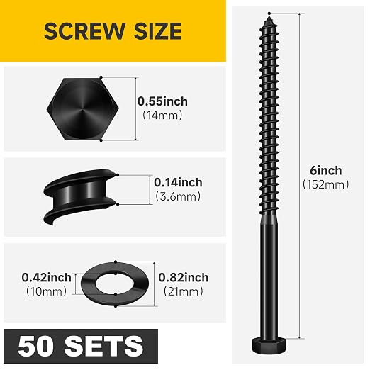 Mywish (50Sets) 3/8" x 6" Lag Bolts, 304 Stainless Steel 3/8 inch Lag Screws Bolts for Wood, Heavy Duty Hex Head with Flat Washers Bolt Kit, Black Oxided