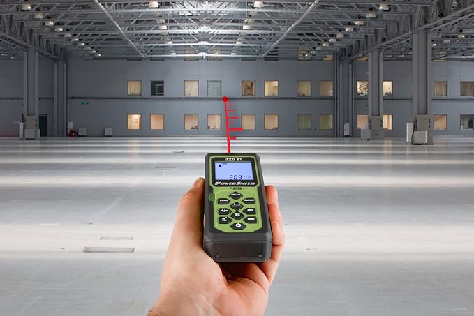 POWERSMITH PLM325 325' Weatherproof Back-Lit Digital Laser Distance Measure with Four Measuring Units, Fractional Display, Auto Shut-Off, Rubberized Grip Batteries, and Belt Holster