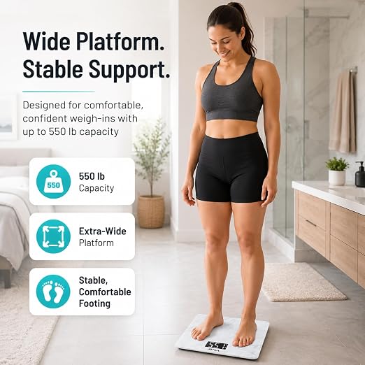Vive Smart Body Weight Scale (550lbs Capacity) - Heavy Duty Bariatric Digital Scale for BMI - Plus Size, Large Display - Bathroom Device for Health Extra Wide Base & Smartphone Connectivity