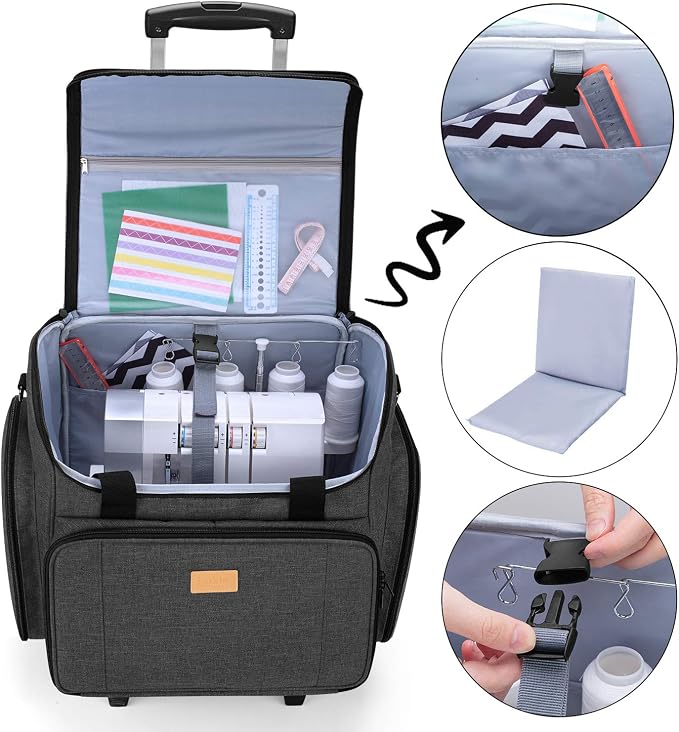 LUXJA Serger Case with Detachable Dolly, Serger Bag with Removable Padding Pad (Fit for Most Standard Serger Machines), Black