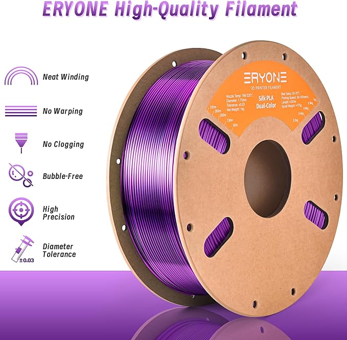 ERYONE Silk Dual Color PLA Filament 3D Printer 1.75mm +/- 0.03mm, Bicolor Filament Two Tone PLA Bundle 2KG Cardboard Spool, Black Purple